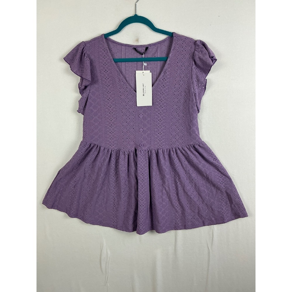 BloomChic Top Women's 12 Eyelet Peplum Ruffle Sleeve‎ V-Neck Blouse NWT